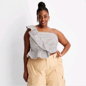 NWT Future Collective, Women's Striped One Shoulder Top size 1X black off white